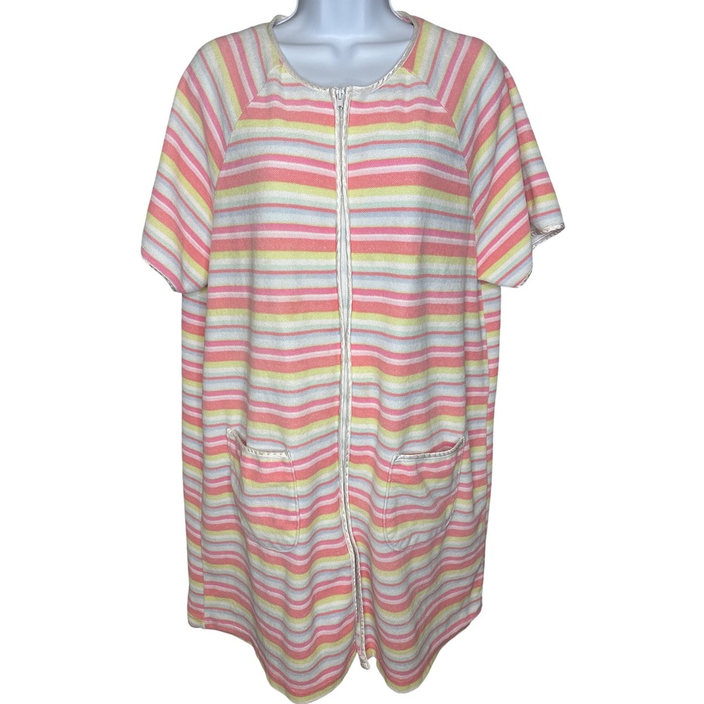 Calypso Womens Pink Striped Zip Front Terry Cloth Robe Dress Sz L Beach Coverup